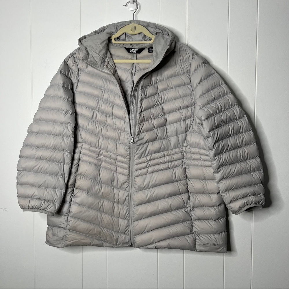 Lands' End Light Gray Puffer Jacket with Hood Women's 2X 20W-22W